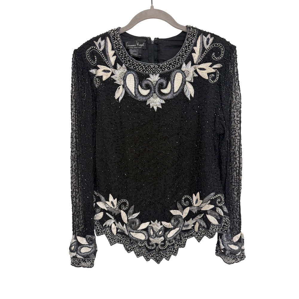 Laurence Kazar Vintage Beaded Silk Blouse Black Silver Floral Evening Top Large